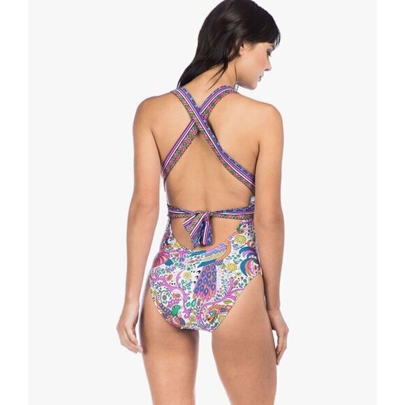 Trina Turk Jungle Beach Print Cross Back One Piece Halter Swimsuit US 12 - Picture 2 of 9